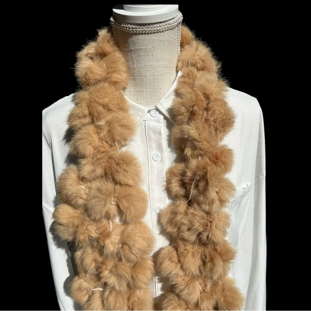 🌻Vintage Genuine Rabbit Fur Soft Warm Tan Pon Pons Scarf